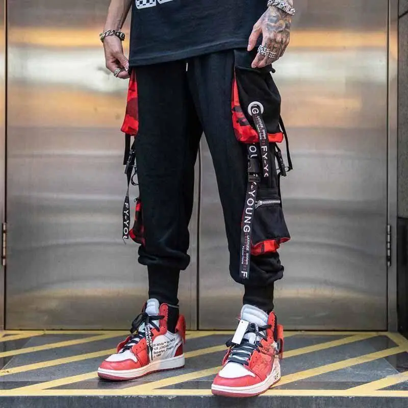 Hip Hop Joggers Cargo Pants for Men Block Hit Color Pocket Track Pants Male Trousers Sweatpants Streetwear Letter Ribbons Casual