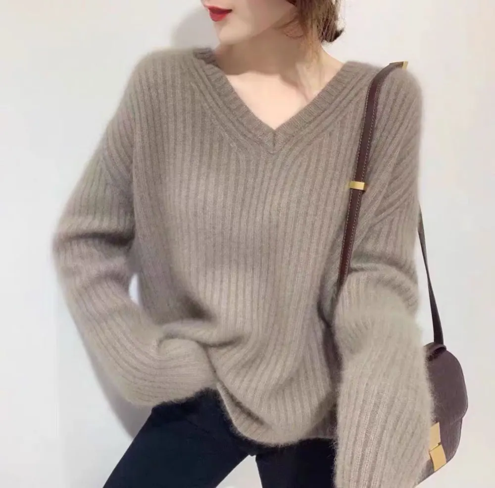 Autumn Winter Wool Pure Cashmere Sweater Women Pullovers Warm Sweaters Women Loose Knitted Sweater Pull Female V-neck Oversized Sweater Jumper Sueter Mujer