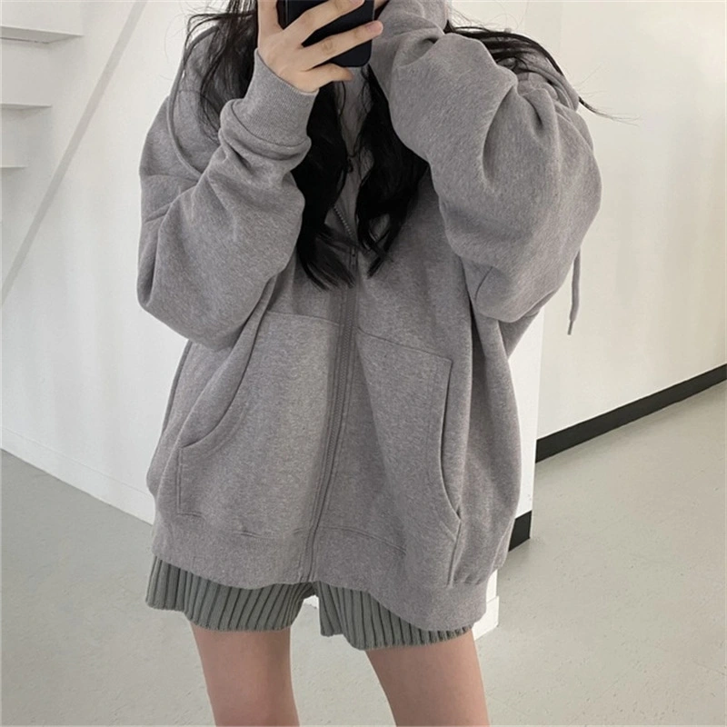 Women Fashion Solid Color Long Sleeve Hoodies Casual Loose Hooded Sweatshirt Zipper Jacket Coat with Pocket