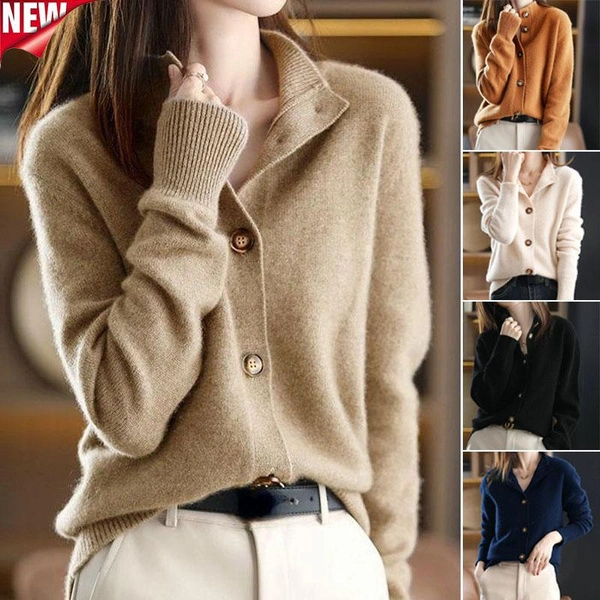 New Women`s Knit Sweater Cardigan Autumn and Winter Vintage Fashion Stand Collar Button Cashmere Cardigan Jacket Casual Women`s Sweater