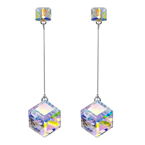 Fashion 925 Sterling Silver Square Drop Dangle Earrings Rainbow Color Change Aurora Borealis Crystal MAGIC of LOVE Earrings Woman Charm Wedding Jewelry Gift