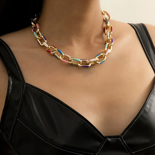 Women Colorful Color Aluminum Chain Choker Necklace Single Layer Cross Chain Charm Necklace Jewelry