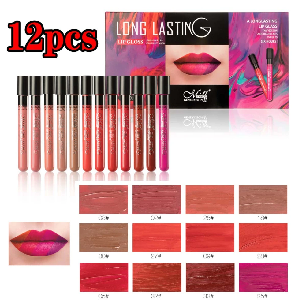 12Pcs Velvet Matte Liquid Lipstick 12pcs/set Waterproof Lasting Moisturizing Lip Gloss Red Lip Gloss Beauty Cosmetics