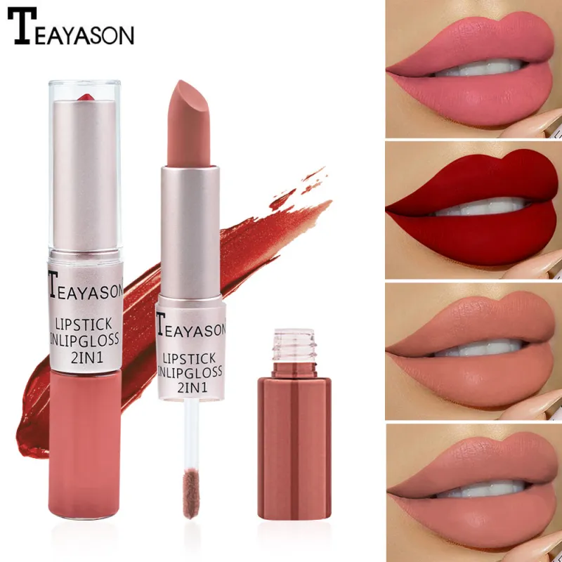 2023 new double-headed non-stick cup matte matte lip gloss two-in-one matte bean paste does not fade color stained cup lipstick