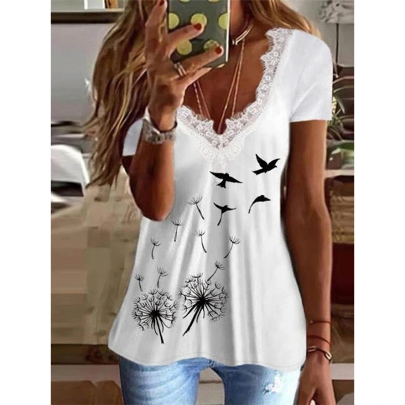 Elegant Women's Summer Tops Lace V Neck T Shirt Print Casual Short Sleeve Tunic Blouse Clothing