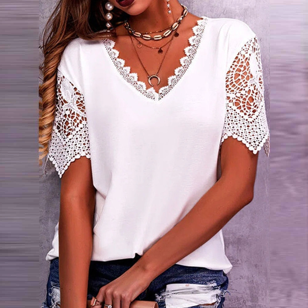 Plus Size Ladies Fashion Short Sleeve Summer T Shirt Tops Womens Plain Lace Blouse Tee