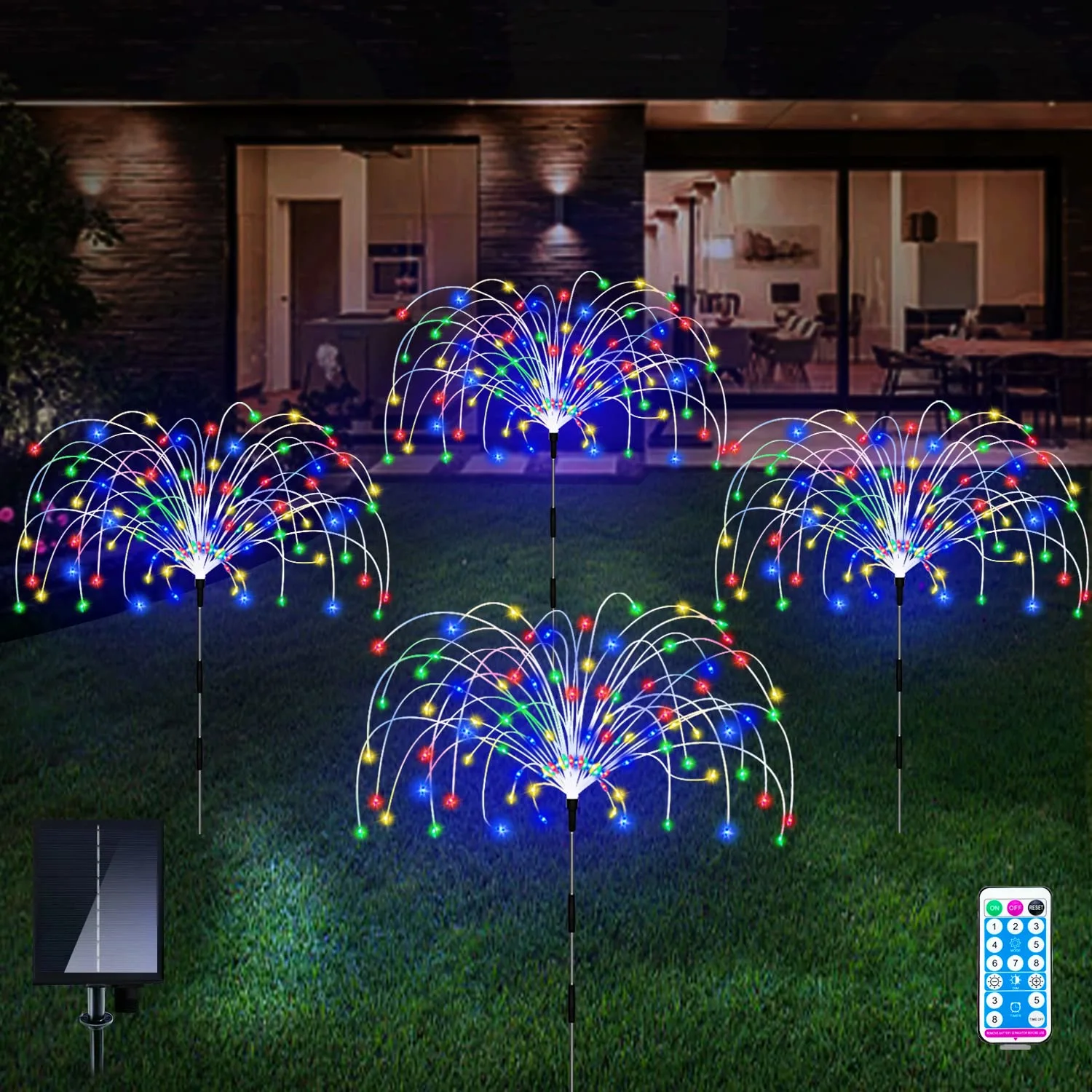 Solar Firework Lights, Garden Lights 4 Pack 120 LED Remote Control Solar Decorative Lights, Waterproof Stake Landscape Lights, for Garden Pathway Courtyards Decor