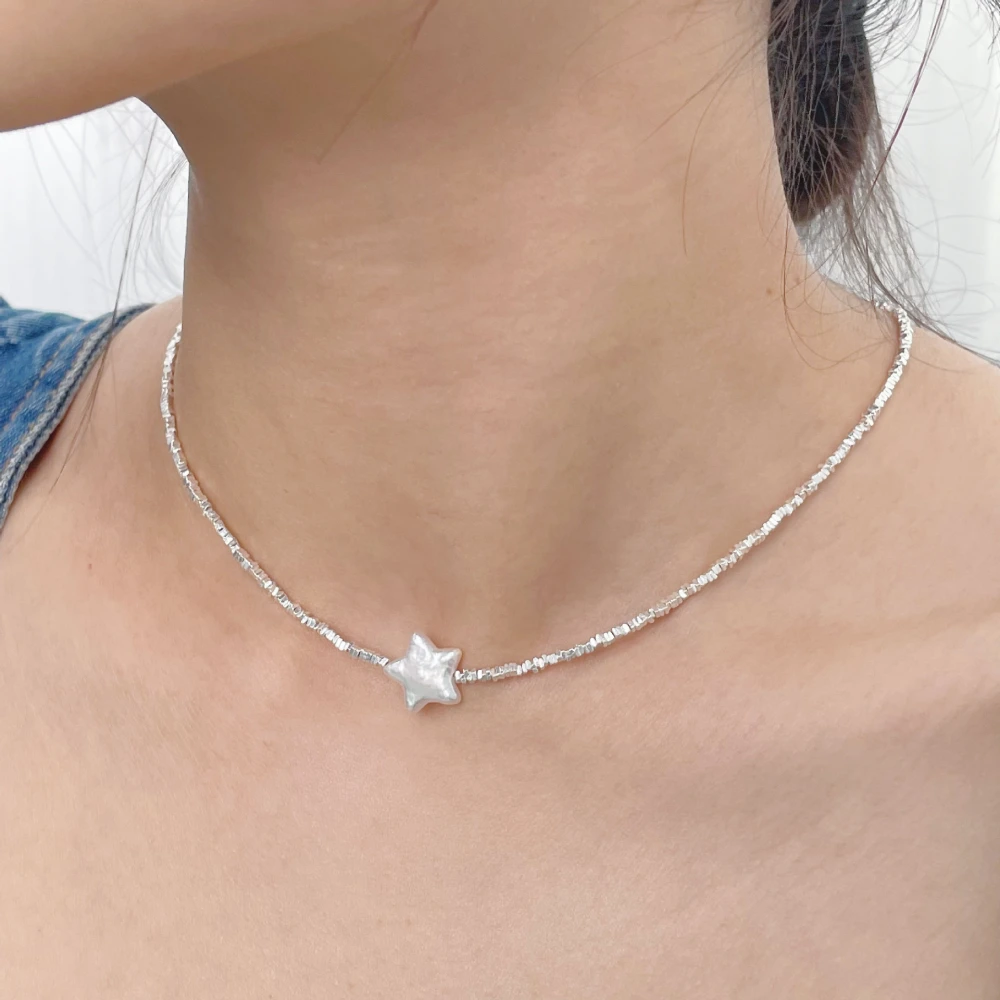 Geometric Silver Fragmented Irregular Pearl Necklace