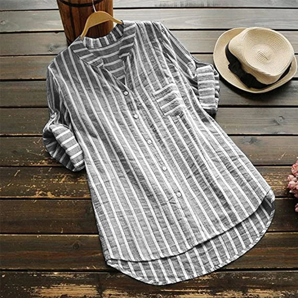 Elegant Womens 3/4 Sleeve Striped Loose Casual Button T-Shirt Tunic Top Blouse Plus Size