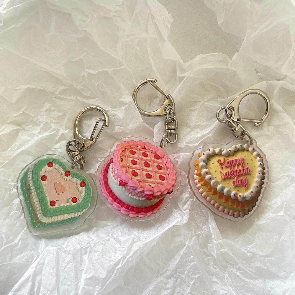 Happy Birthday Cake Acrylic Keychain Pendant Vintage Lovely Bag Accessories