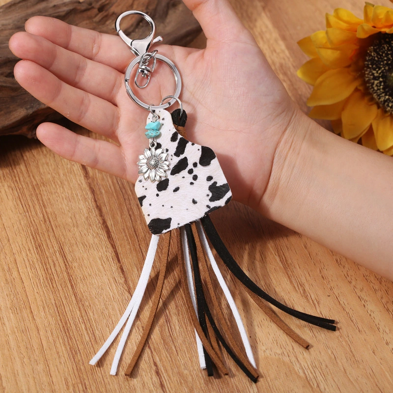 Key Chain Geometric Cow-shaped Leather Tassel Turquoise SUNFLOWER