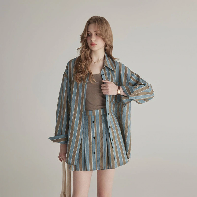 Summer High-grade Sun-proof Set Women's Loose Design Light Striped Shirt Top Temperament Waist-controlled Short Skirt