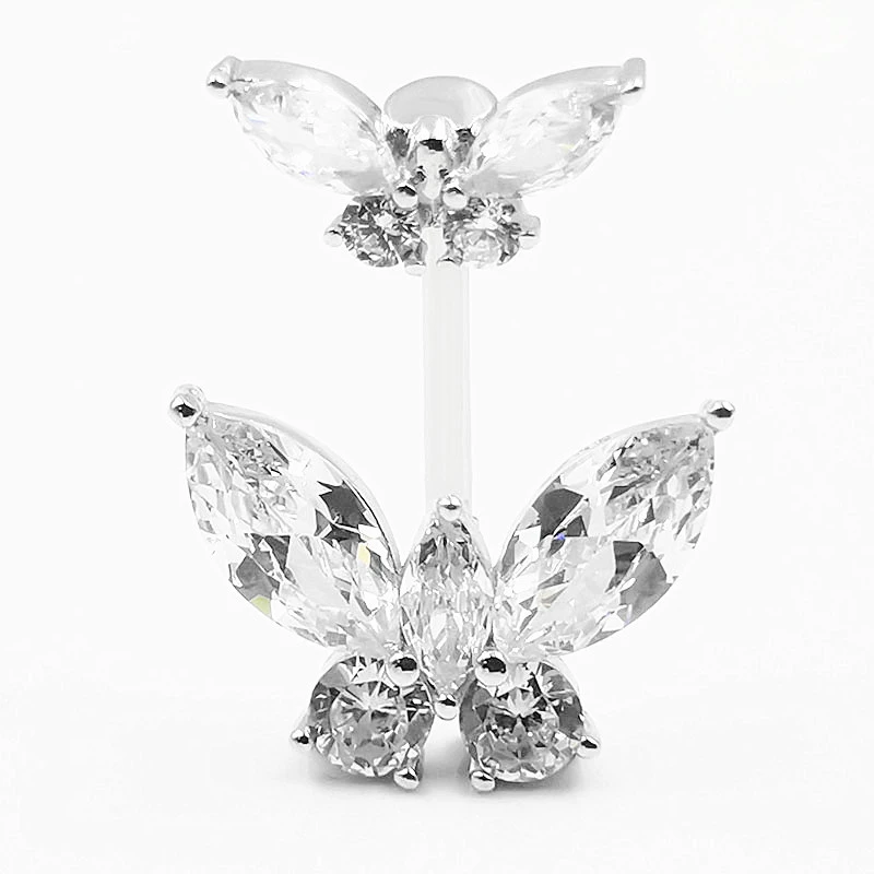 S925 Silver Belly Ring Puncture Zircon Double-headed Butterfly Navel Stud