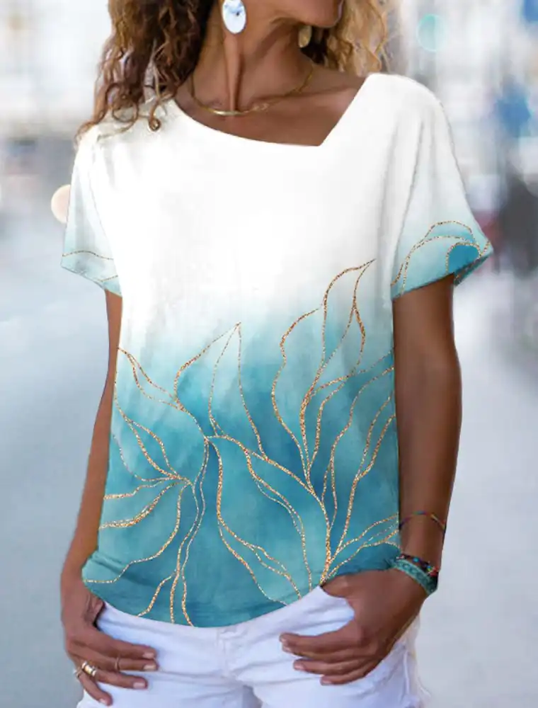  
    Womens Fashion V Neck T-Shirt Printed Tunic Tops Ladies Short Sleeve Casual Loose Blouse Clothing