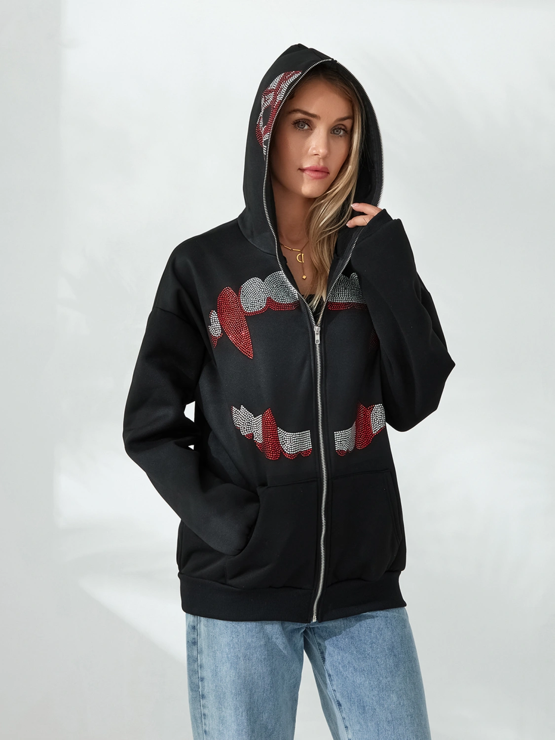 Women Zip Up Hoodie Rhinestone Goth Clothes Oversized Sweatshirt