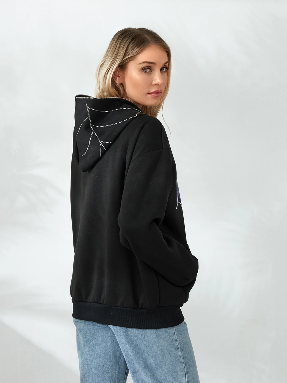 Women Zip Up Hoodie Rhinestone Goth Clothes Oversized Sweatshirt