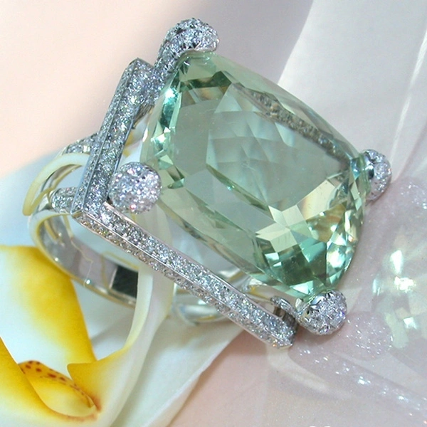 Large 925 Sterling Silver Natural Gemstone Prehnite Diamond Brand Ring Wedding Engagement Jewelry