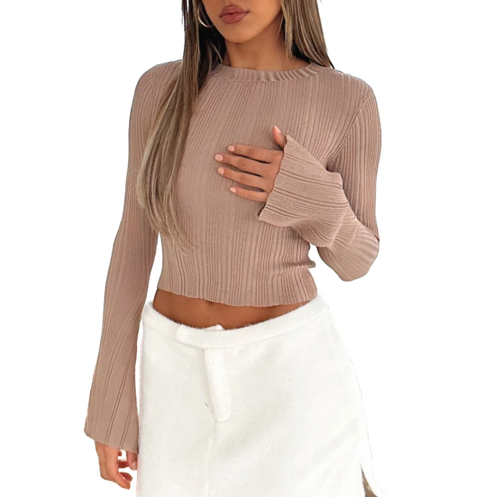 Women’s Ribbed Knit Crop Tops Long Sleeve Crew Neck Solid Color Slim Fit T-Shirts Dressy Blouses