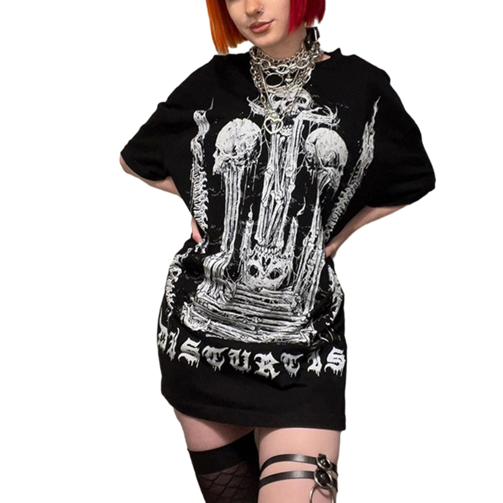 Women's Skull Print T-Shirts Gothic Short Sleeve Round Neck Loose Tops Summer Casual Blouses