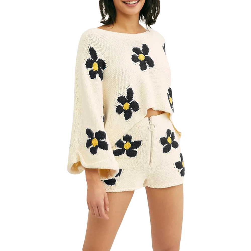 Women’s Two Piece Fall Outfits Long Batwing Sleeve Floral Print Knit Tops and Shorts Set Loungewear