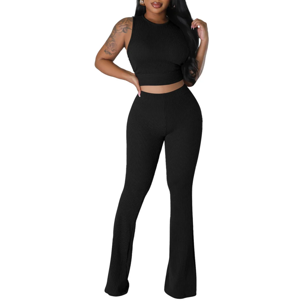 Women 2 Piece Outfits Solid Color Ribbed Cropped Tank Tops and Elastic Flared Pants Set Streetwear Aesthetic Clothes