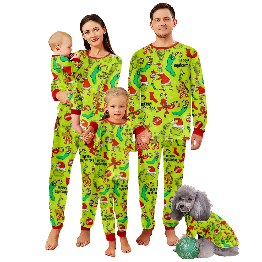 Merry Christmas Family Pajamas Set Grinch Print Long Sleeve Striped Xmas 2Pcs Pjs Sleepwear