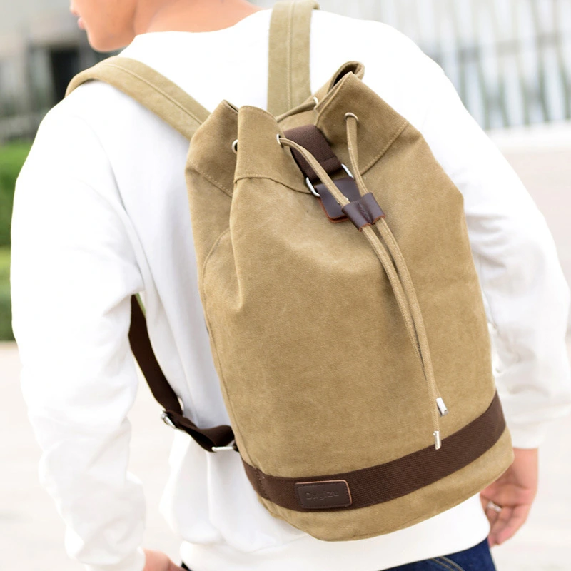 Fashion Canvas Sports Backpack Round Bucket Bag Travel Computer Backpack Men's Bag Leisure Bag