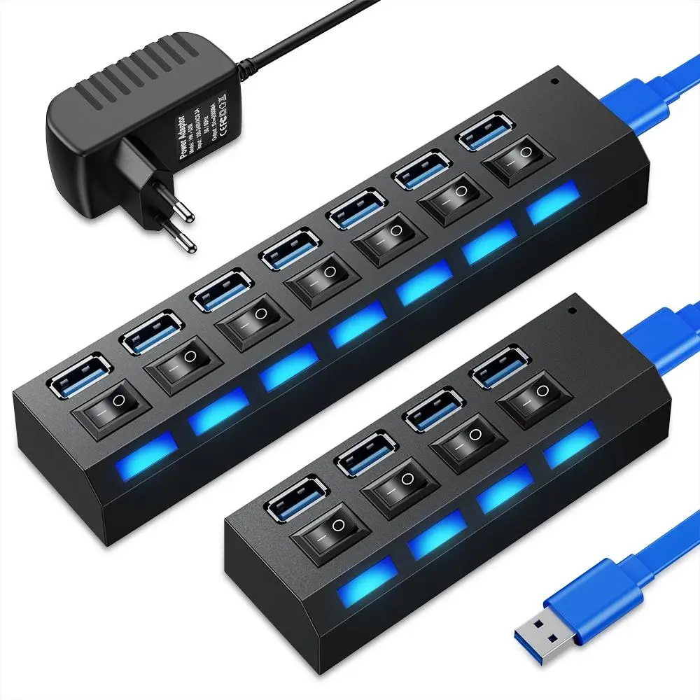 Micro USB Splitter High Speed USB Adapter USB 2.0 Hub Multiple Expander Multi-Port Socket Dock With LED Light On/Off Switch For Tablet Laptop PC