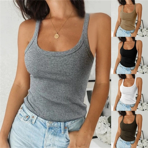 Women Fashion Sleeveless Tops Slim Fit Solid Color Vest SummerTank Top Casual Tops