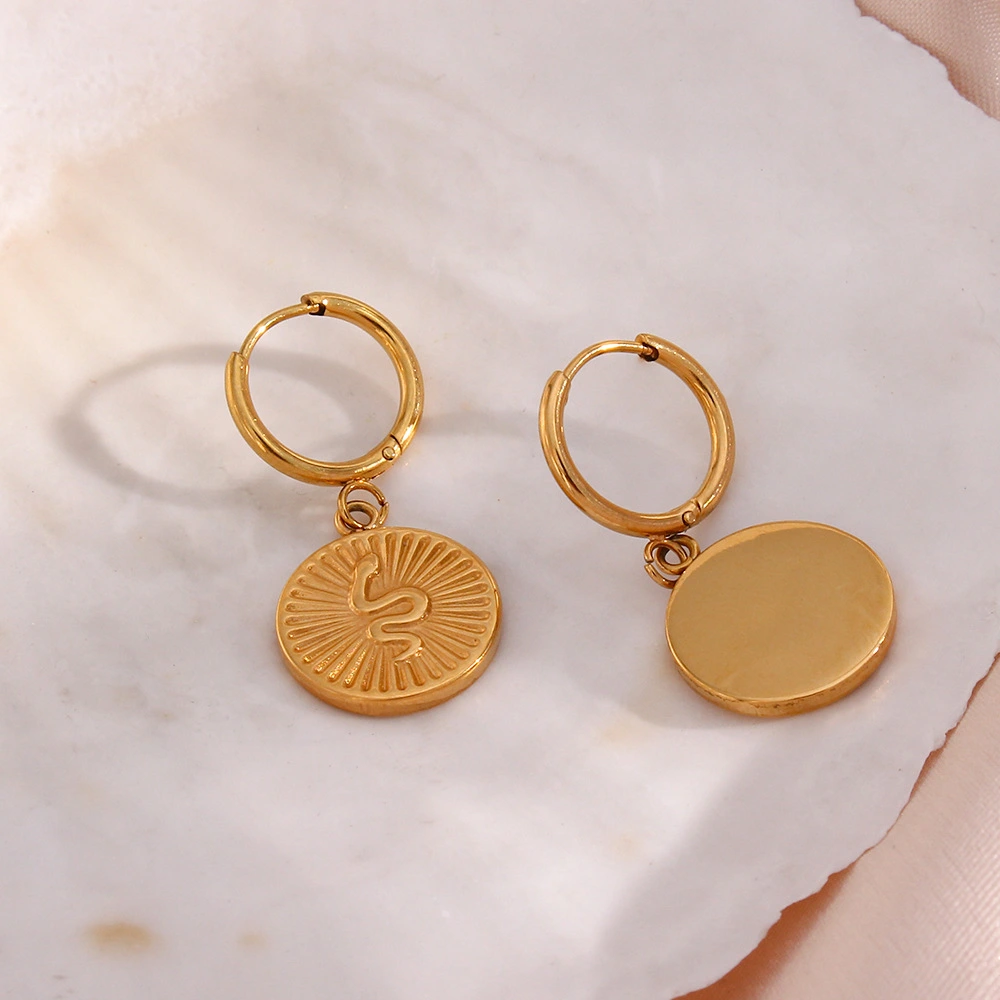 Gold Snake Coin Pendant Earrings