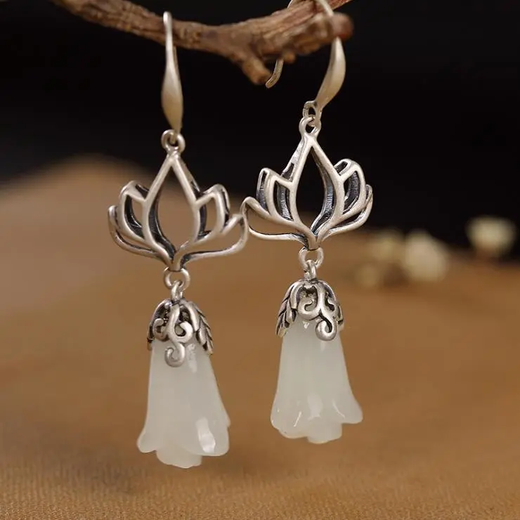 White Gold Inlaid Imitation Hetian Jade Orchid Eardrops