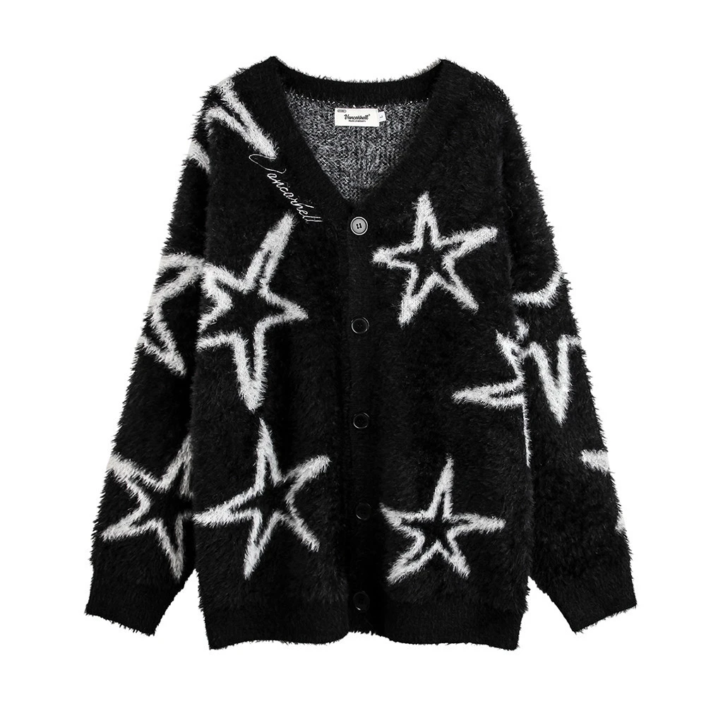 Five-pointed Star Full Print V-neck Knitted Cardigan Cotton Knitwear