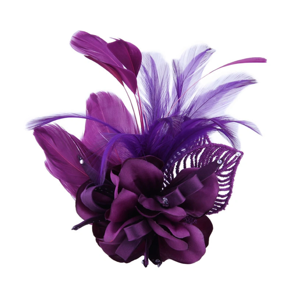 1PC Cloth Flower Feather Brooch Elegant Breastpin Hairpin for Women Lady Girls (Purple)