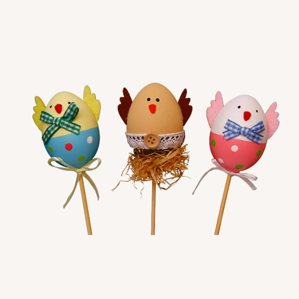 4PCS Funny Chick Design Plastic Coloring Painted Easter Eggs with Sticks DIY Decorations Kids Gifts Toys for Christmas Easter Home Party Favors (Random Pattern)