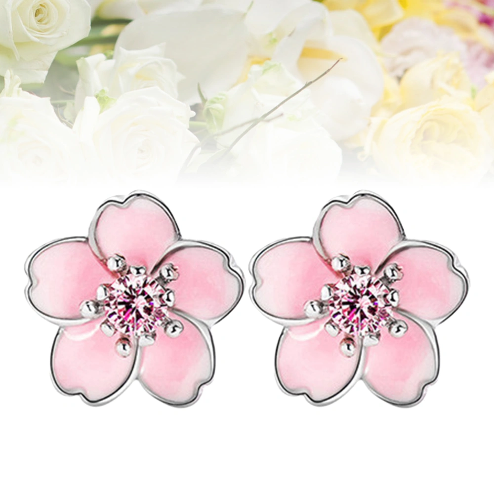 1 Pair S925 Sterling Silver Earrings Fashion Sakura Flower Earrings Gift Simple Eardrop Jewelry(Pink)