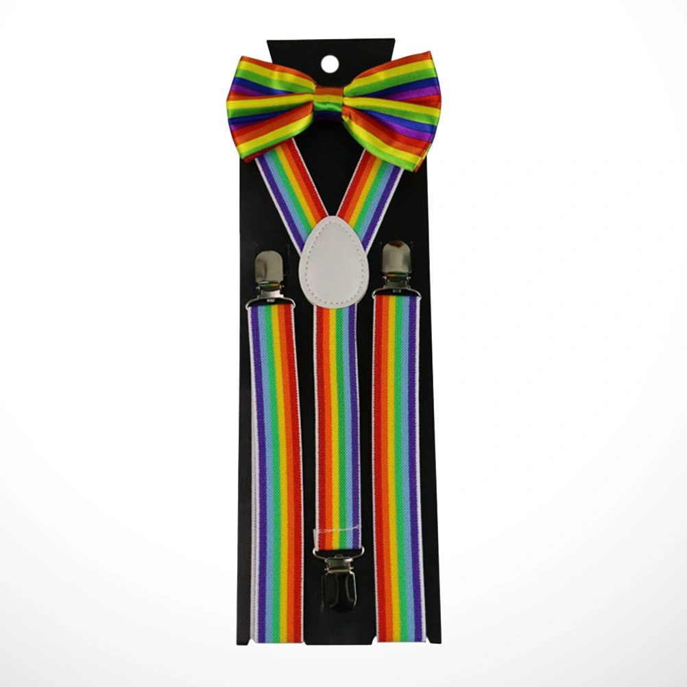 2pcs in 1 Set 2.5cm Dark Rainbow Suspenders Set Colorful Bow Tie Decoration Rainbow Tie Dress up Supplies Favors Accessories for Adult