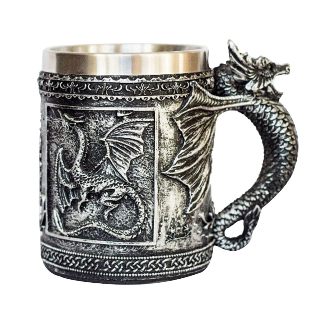 3D Resin Pterosaur Design Stainless Steel Halloween Skull Pattern Wine Cup Festival Water Drinks Toasting Mug (Silver)