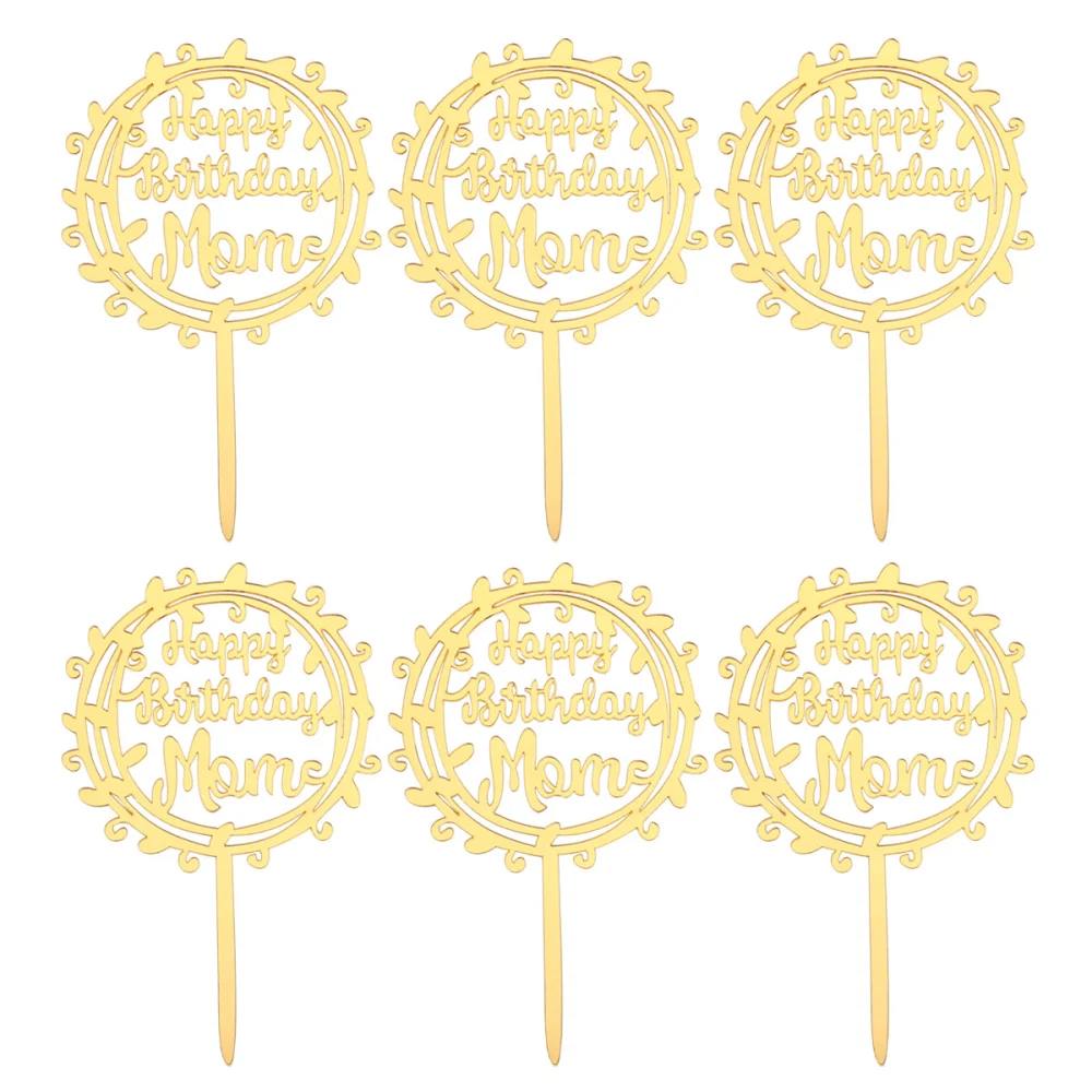 6pcs Glitter Paper Cake Toppers Letter Printing Cake Picks DIY Cake Decoration Mothers Day Dessert Insert Party Favor for Decoration (Golden)