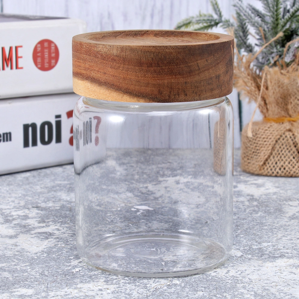 1pc Glass Sealed Box Container Round Shape Wood Lid Transparent for Kitchen Home (80x100mm 335ml)