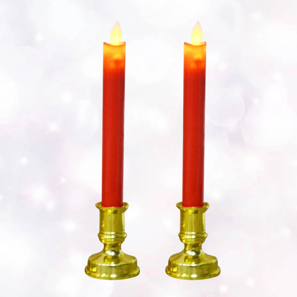 1 Pair of Electric LED Long Rod Candle Lamp Swing Simulation Candle Light Lamp Golden Bottom Red Rod Pattern