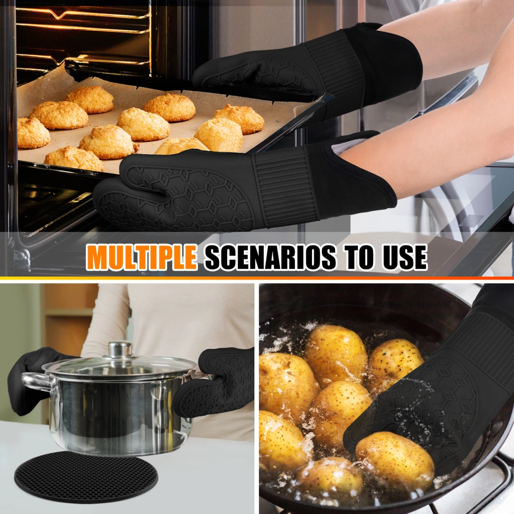 1 Pack Oven Mitt Set Protective Oven Mitts And Pot Holders Sets 1 Pair Kitchen Mitts And 1 Pair Silicone Pot Holders Heat Resistance Baking Essentials