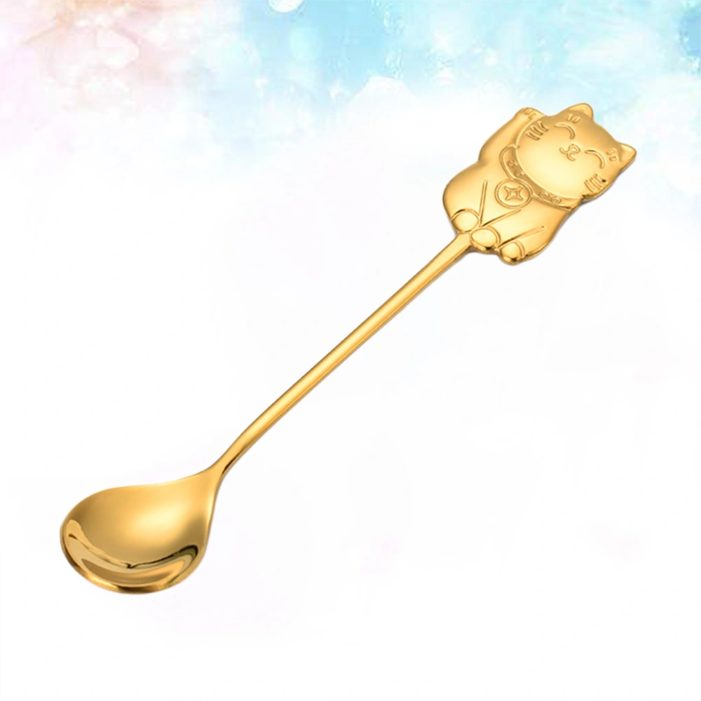 304 Stainless Steel Luck Cat Coffee Stirring Spoon Cartoon Dessert Spoon for Eating Dinner Kitchen (Golden)