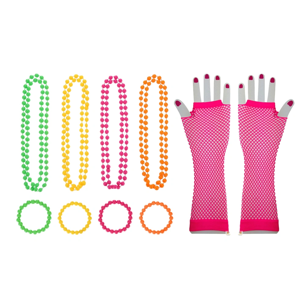 Party Neon Pendant Bracelet Beaded Necklace Fishnet Eye Long Gloves(Necklace x 4 + Bracelet x 4 + Watermelon Red Gloves x 1)