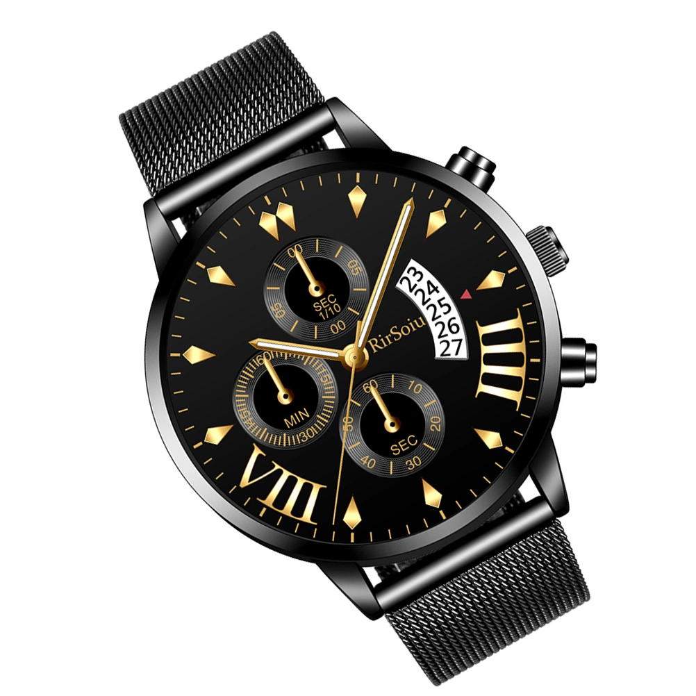 Mens Watches Waterproof Fashion Five Calendar Watch Three-eye Quartz Watch (Black)