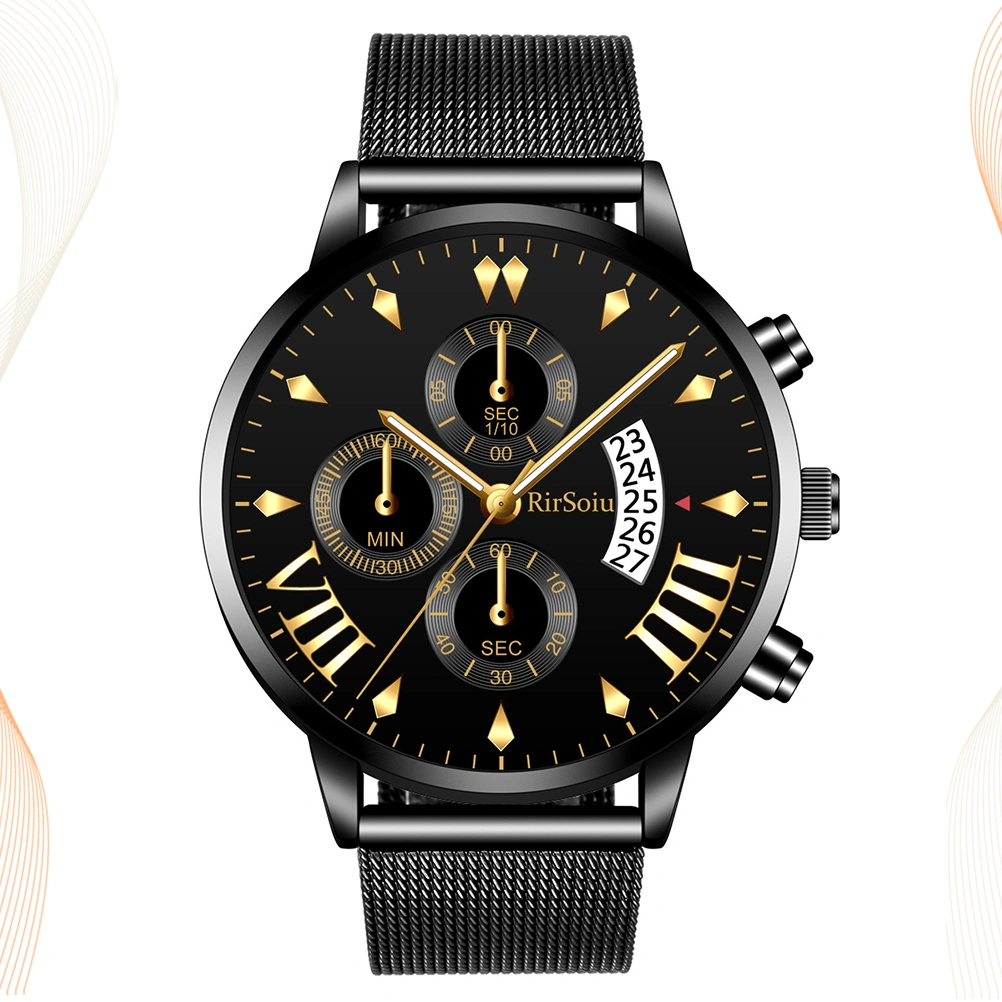 Mens Watches Waterproof Fashion Five Calendar Watch Three-eye Quartz Watch (Black)