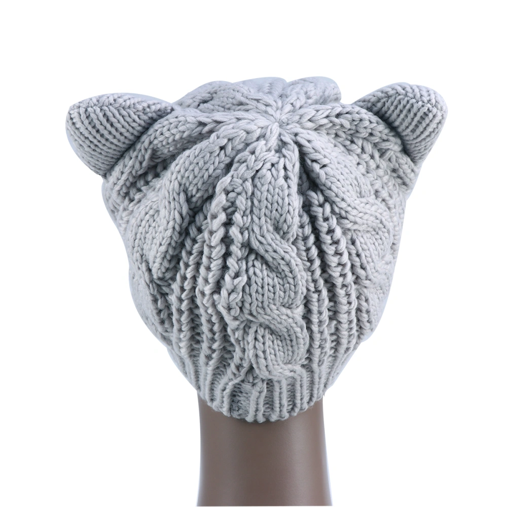 Winter Casual Warm Hat Lovely Cats Ear Hats Knitted Hat Crochet Beanie for Woman (Light Grey)