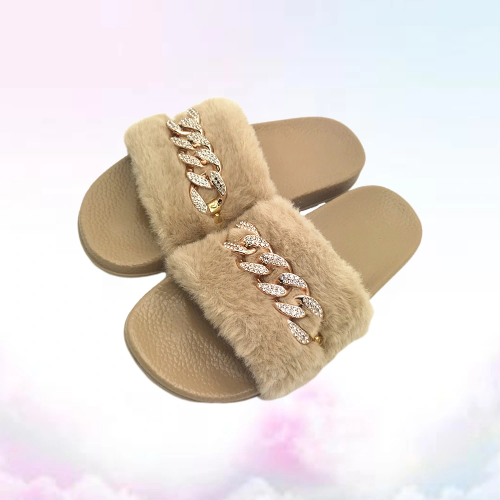 Summer Fur Fashion Slippers Skid Resistance Slippers Chain Flash Drill Slippers Khaki 38