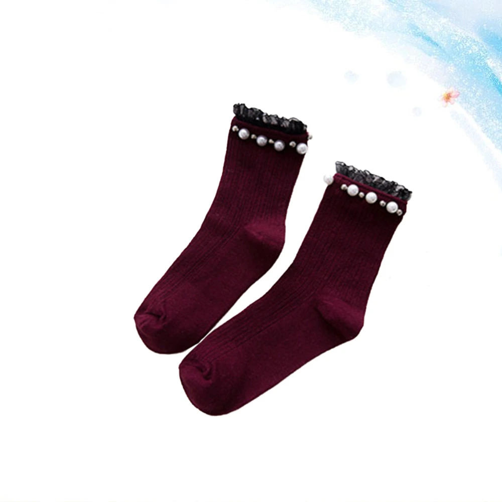 1 Pair Medium Tube Cotton Stocking Japanese Lace Pearl Socks Pile Socks Lady Socks for Student Girl (Dark Red)