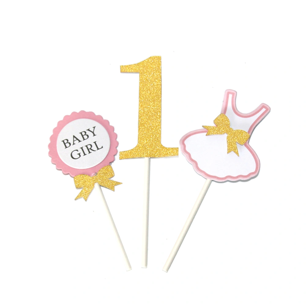 3Pcs Cake Topper Flag Baby Boy Girl 1 Year Old Age Cake Topper For Cake Party Decoration (Gold, Baby Girl)