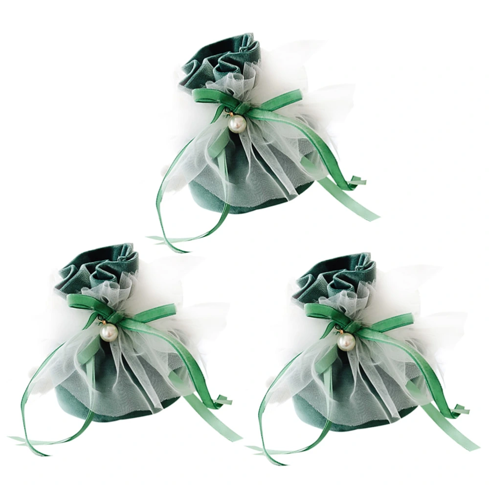 3pcs Dark Green Jewelry Drawstring Bag Gift Candy Storage Pouches Plush Mesh Drawstring Pouch Gift Packing Bag Accessary for Wedding